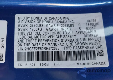 2024 Honda Civic Sport из США, поврежденный, VIN 2HGFE2F50RH572688